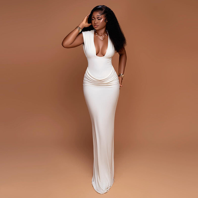 Simple Slim Fit Women Street Pleated Hip Dress Sexy V neck Sleeveless Elegant Dress