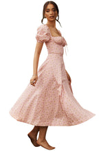 Load image into Gallery viewer, Women Summer Top Product Puff Sleeve Floral Tie Neck High Slit Women Dress Summer