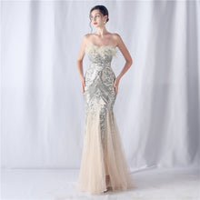 Load image into Gallery viewer, Ostrich Feather Positioning Floral Cutting Wedding Annual Meeting Tube Top Sequin Gauze Evening Dress