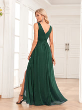 Load image into Gallery viewer, Sparkling Chiffon Sleeves Evening Dress Double V Neck A Line Bridesmaid Party Dress Side Slit Mopping