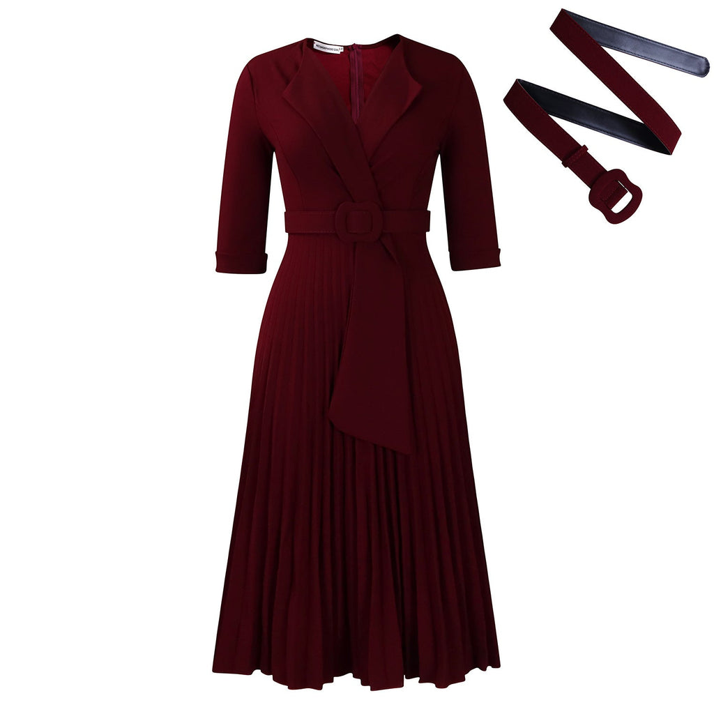 Autumn Winter Women Clothing Office Tailored Collar Pleat Waisted Dress