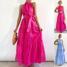 Load image into Gallery viewer, Spring Summer Stand Collar Solid Color Plaid Retro Maxi Dress Casual Dress for Women