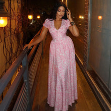 Load image into Gallery viewer, Sweet Women Clothing Printing Elegant A line Dress Pleated V neck Bubble Sleeve Length Dress