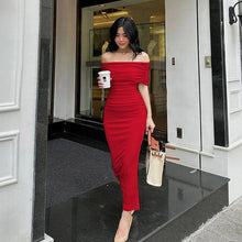 Load image into Gallery viewer, Spring Off Shoulder Pleated Dress Slim Fit Slimming Slit Bottoming Formal Dress