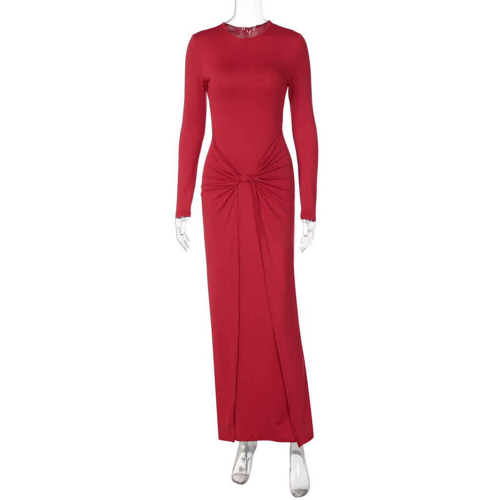 Women Clothing Winter Elegant Slim Twist Fold round Neck Long Sleeved Dress