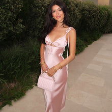 Load image into Gallery viewer, Summer Sexy V neck Lace Strap Satin Dress Sleeveless Self Tie Dress Women