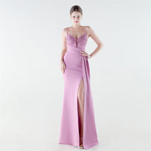 Load image into Gallery viewer, Deep V Plunge Waist Tight High Slit Sequin Embroidered Strap Slim Fit Elegant Evening Dress