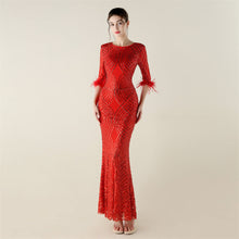 Load image into Gallery viewer, Positioning Floral Sequin Craft Order Ostrich Feather Decorative Evening Dress Long Sleeve Fishtail Cinched Peplum