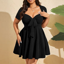 Load image into Gallery viewer, Black Women Wear Elegant Pinch Pleated V neck Lace up Short Sleeve A line Short Dress
