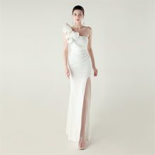Load image into Gallery viewer, Single Shoulder Craft Beaded Nail Hair Wave Floral Satin High Slit Sexy Evening Dress Evening Cocktail Wedding