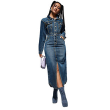 Load image into Gallery viewer, Women Clothing Collared Button Long Sleeve Split Denim Maxi Dress