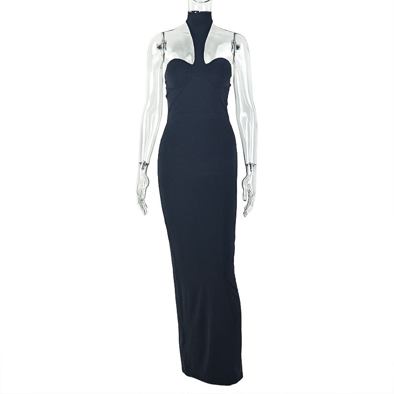 Slim Fit Solid Color Women Halter Sleeveless Hip Dress Sexy Backless Corset Maxi Dress