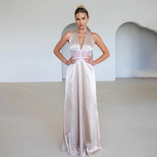 Load image into Gallery viewer, Summer Elegant Deep V Plunge Silky Satin Dress Stitching Halter Waist Tight Sexy Dress