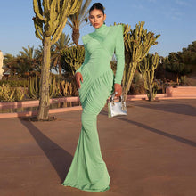 Load image into Gallery viewer, Fall Women Clothing Solid Color Turtleneck Backless Stitching Pleated Slim Fit Dress