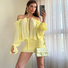 Load image into Gallery viewer, Fall Women Clothing Sexy off the Shoulder Hollow Out Cutout out Tied Solid Color Slim Hip Bag Dress