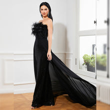 Load image into Gallery viewer, Sexy Long Sequined Sleeveless Feather Wrapped Chest Backless Cocktail Evening Dress Bridesmaid Bodycon Maxi Dress Women