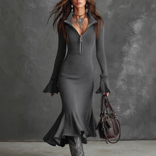 Load image into Gallery viewer, Fall Winter Sexy Zipper Collared Design Bell Sleeve Fishtail Dress Women