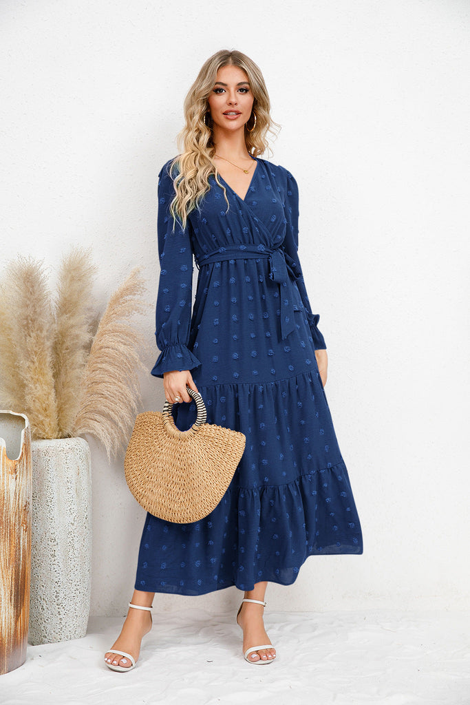 Autumn Winter Solid Color Wide Hem Casual Dress Women Clothing Maxi Dress