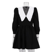 Load image into Gallery viewer, Spring Autumn French Black White Contrast Color Doll Collar Short Dress Women Elegant Pleated A line Dress