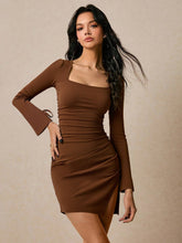 Load image into Gallery viewer, Autumn Winter Brown Square Collar Slimming Slimming Sheath Split Dress Flared Long Sleeve Pleated Commuting Dress