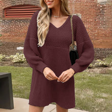 Load image into Gallery viewer, Autumn Winter Women V neck Lantern Sleeve Solid Color Woolen Dress