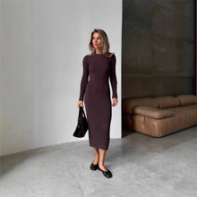 Load image into Gallery viewer, Long Sleeve Fall Winter Sweater Dress Women Knitted round Neck Sunken Stripe Solid Color Tight Dress Women