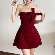 Load image into Gallery viewer, Winter Sexy Slim Fit Backless Tube Top Bowknot Short Dress Solid Color Zipper Sequ Dress
