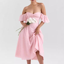 Load image into Gallery viewer, Women Wear Pink Sexy Square Neck Fitted Waist Backless Mid Length Dress French Dress