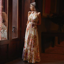 Load image into Gallery viewer, Retro French Floral Print Maxi Dress Summer Sleeveless Collared Waist Tight Single Breasted Dress Women