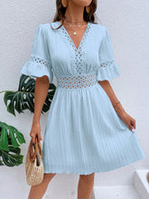 Load image into Gallery viewer, Women Clothing Summer Patchwork Lace V Neck Tight Waist Solid Color Dress