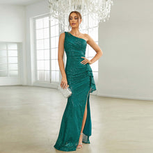 Load image into Gallery viewer, Women Clothing High Grade One Shoulder Diagonal Collar Slim Fit Sheath Sequined Split Cocktail Evening Dress