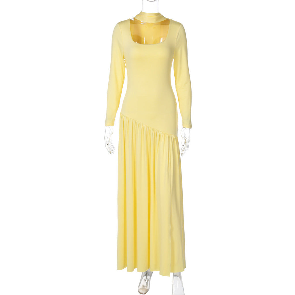Women Clothing Autumn Sexy Contrast Color U Collar Solid Color Split Long Sleeve Dress