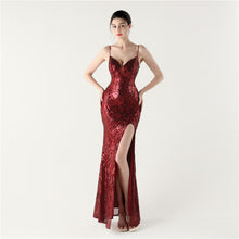 Load image into Gallery viewer, Sequined Evening Dress Sexy V neck Spaghetti Strap Cross Strap Fishtail Dress Red Carpet Cocktail