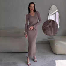 Load image into Gallery viewer, Long Sleeve V neck Tight Knitted Dress Solid Color Rib Fabric Wool Long Autumn Winter Dress