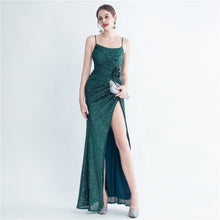 Load image into Gallery viewer, Gathers Sequ Handmade Floral Split Sling Simple Evening Dress