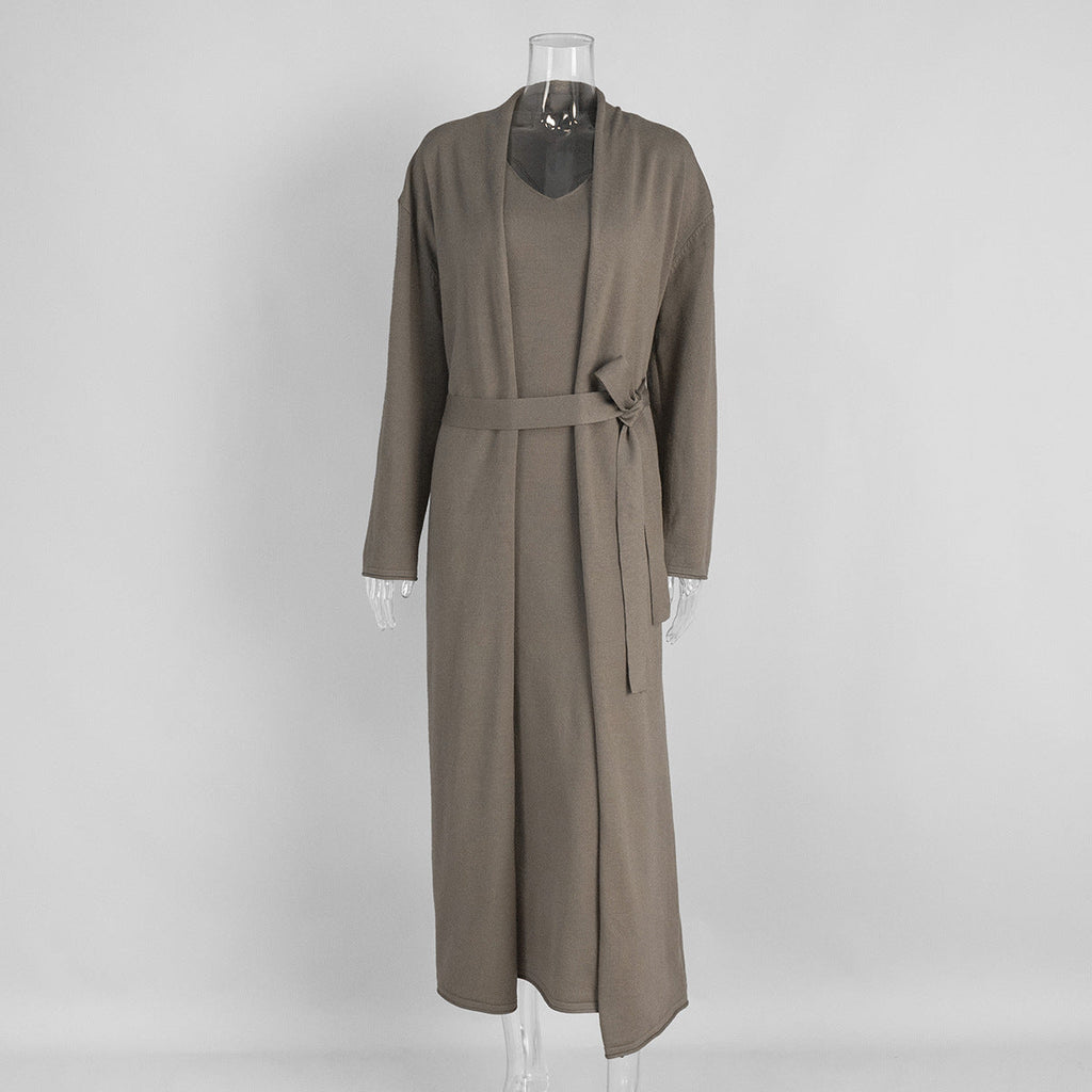 Women Knitted Long Sleeve Cardigan Sling Dress Set Autumn Soft Blouse
