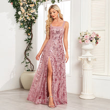 Load image into Gallery viewer, Quality Evening Dress A line Sequined Floral Tulle Embroidery Guest Dress Side Slit Long Party Wear