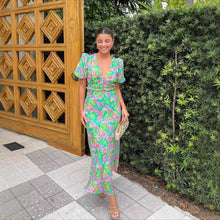 Load image into Gallery viewer, Summer French Puff Sleeve V neck Printing Dress