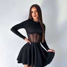 Load image into Gallery viewer, Fall Women Clothing Half High Collar Long Sleeves Mesh Patchwork See through Boning Corset Tight Waist Short Dress