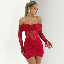 Load image into Gallery viewer, Women Autumn Winter Sexy off Shoulder Lace Stitching Hip Mini Dress