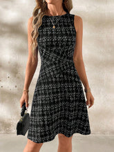 Load image into Gallery viewer, Spring Summer Striped Plaid Crew Neck Sleeveless Color Matching Waist Pleating Mid Length Dress Women Top