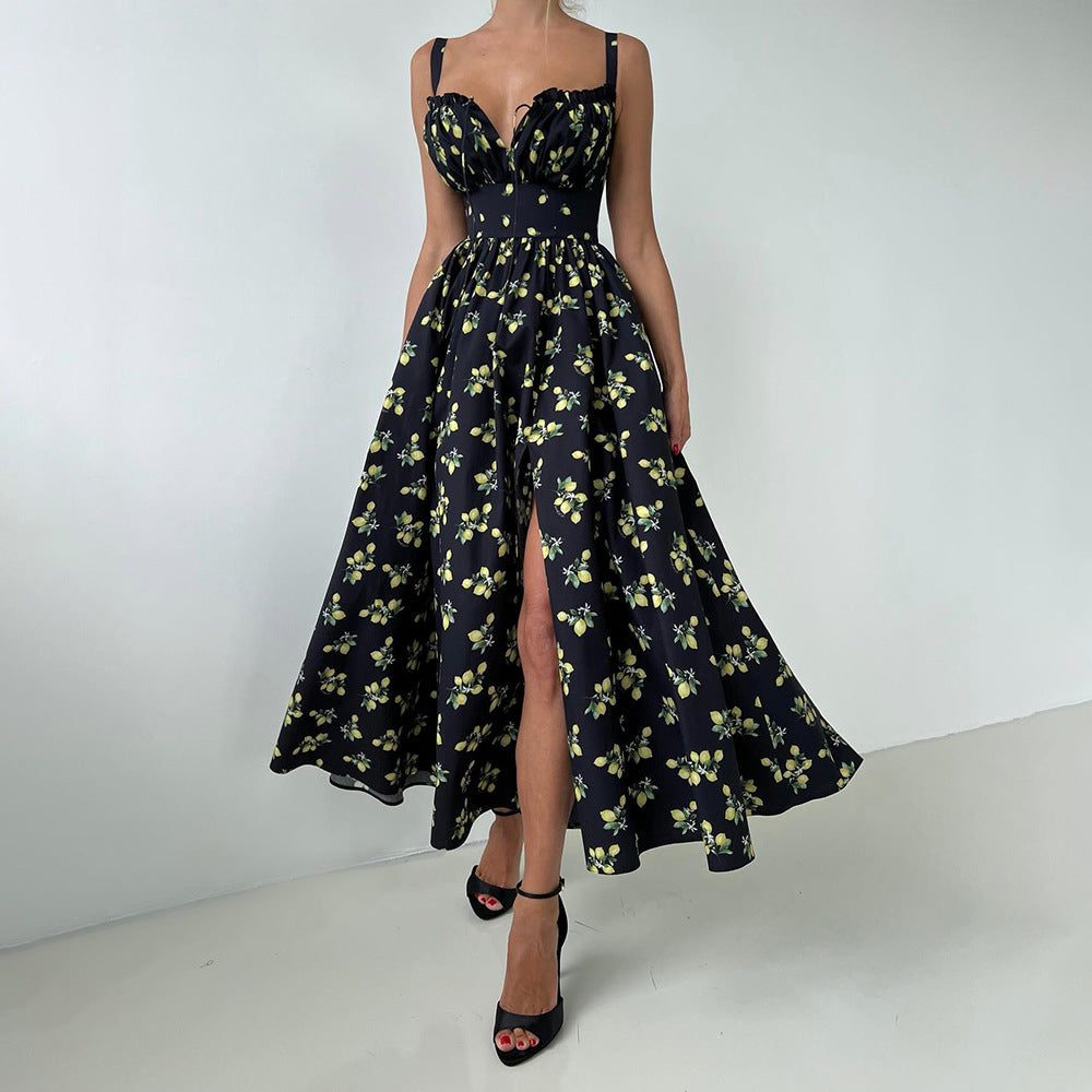 Cotton Suspender Dress Summer Split Waist Fitted Self Tie Dress Printing Dress