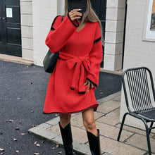 Load image into Gallery viewer, Idle Tie Waist Trimming Loose Knitted V neck Long Sleeve Fall Mid Length Dress Women