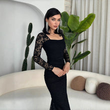 Load image into Gallery viewer, Autumn Winter Women Clothing Fashionable Elegant Lace Stitching Square Collar Slimming Pleated Maxi Dress