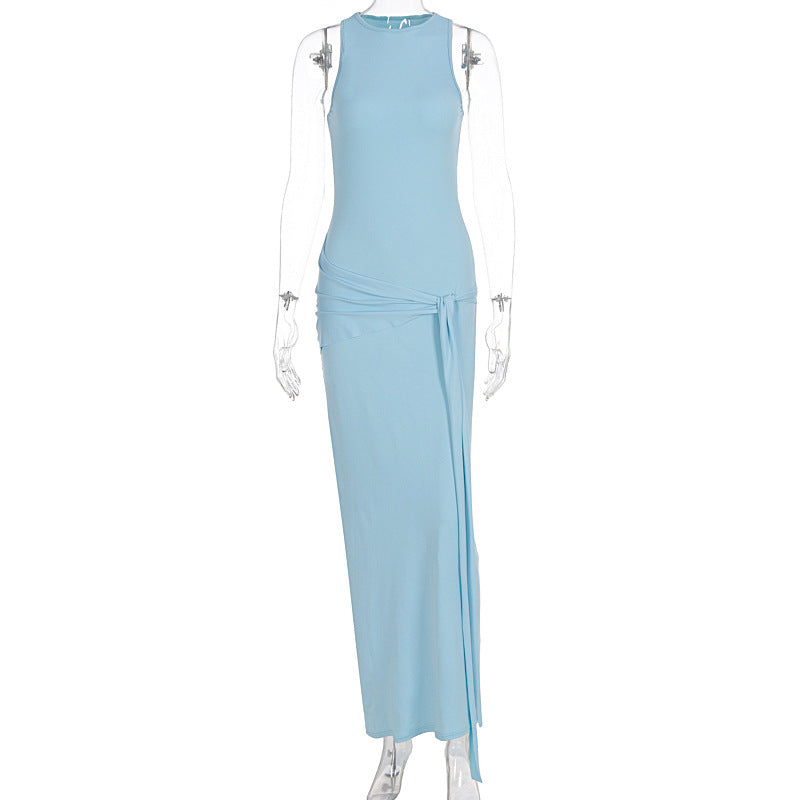 Summer Women Dress Solid Color round Neck Slim Dress