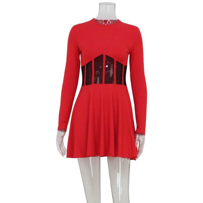 Fall Women Clothing Half High Collar Long Sleeves Mesh Patchwork See through Boning Corset Tight Waist Short Dress