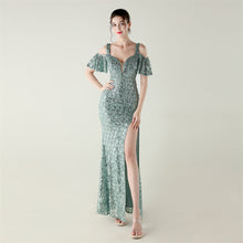 Load image into Gallery viewer, Bead Tube Sequin Heavy Industry Evening Dress Short Sleeve off the Shoulder Deep V Plunge High Slit Fishtail Dress Cocktail Socialite