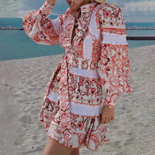 Load image into Gallery viewer, Spring Summer French Stand-up Collar Lace Lace up Waist Controlled Slimming Lantern Sleeves Dress Stitching Short Dress