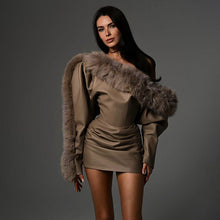 Load image into Gallery viewer, Autumn Winter Women Fur Collar Long Sleeve Solid Color Pleated Sexy off Shoulder Sexy Dress