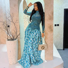 Load image into Gallery viewer, Printing Stitching Women Clothing Slightly Transparent Fresh A line Dress Turtleneck Elastic Slim Fit Long Sleeve Dress